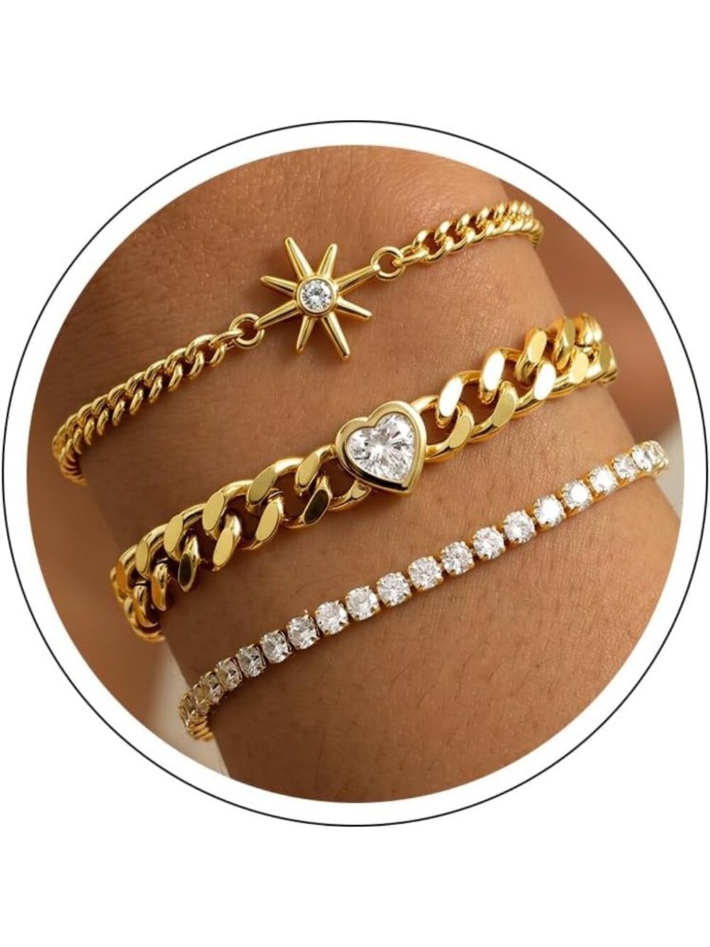 Chunky Gold Sun Heart Tennis Link Charm Bracelet Set for Women - Stylish Jewelry